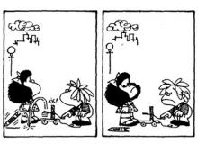 La evolución de Endesa X también nos recuerda al cohete de Miguelito en esta tira de Mafalda, del dibujante Quino.