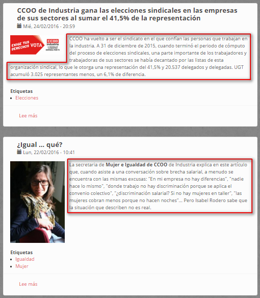 Texto de la Entradilla marcado en rojo.