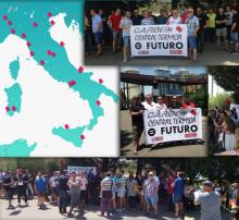 Distintos momentos de las movilizaciones. A un lado, el mapa de Italia con las plantas incluidas en el proyecto Futur-e de Enel.